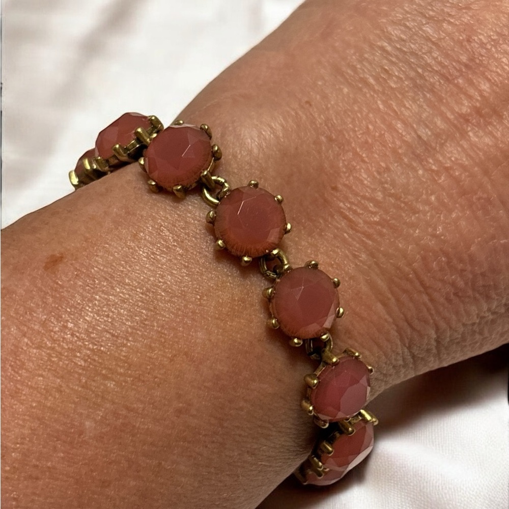 J.Crew Gold Tone Rose Petal Pink Rhinestone Bracelet 6-1/2” to 7”